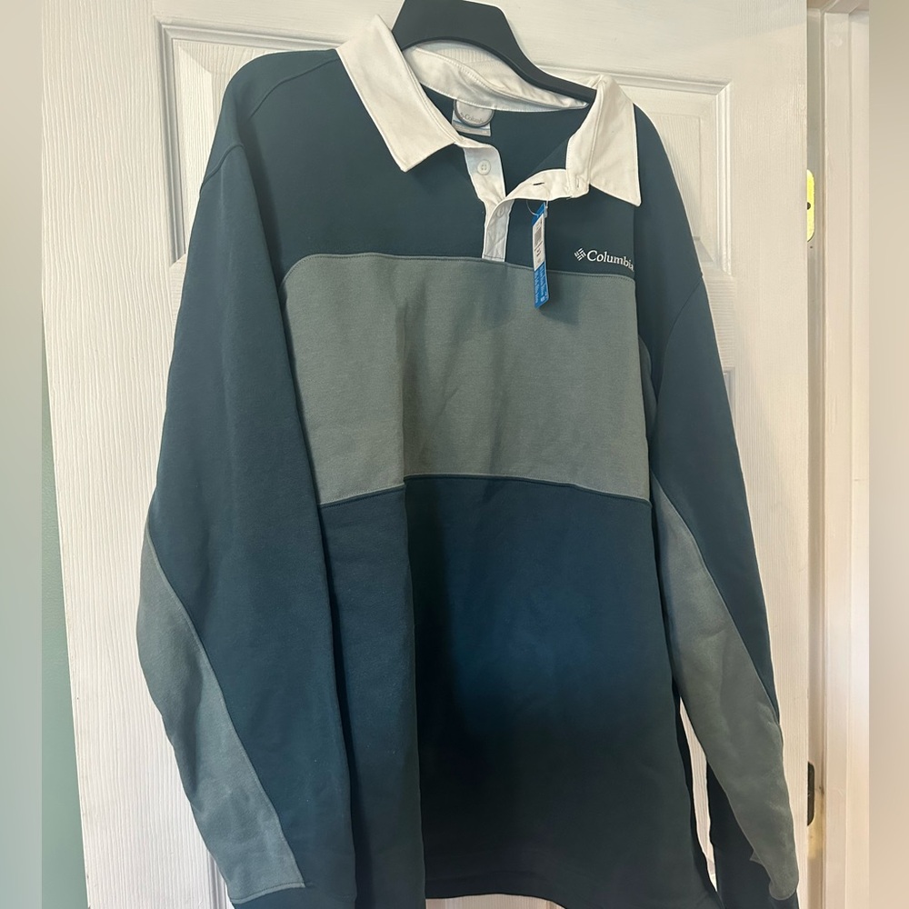NWT Columbia Men’s Long Sleeve Rugby Shirt in Teal & Light Gray